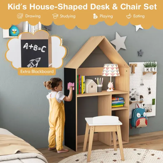 2-in-1 Kids House-Shaped Table and Chair Set-Gray {6}