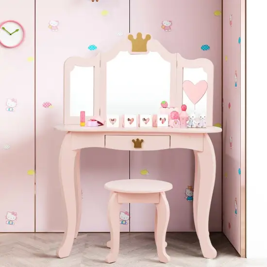 Kids Makeup Dressing Table with Tri-folding Mirror and Stool Pink {6}