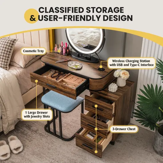 Vanity Table Set with 3-Color Lighted Mirror and Charging Station-Brown {5}