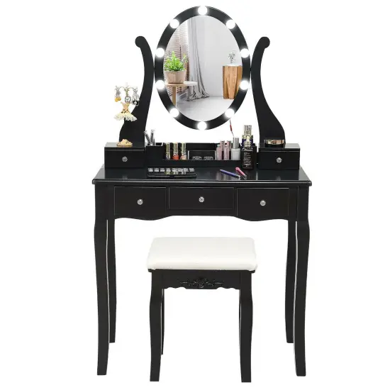 10 Dimmable Lights Vanity Table Set with Lighted Mirror and Cushioned Stool Black {4}