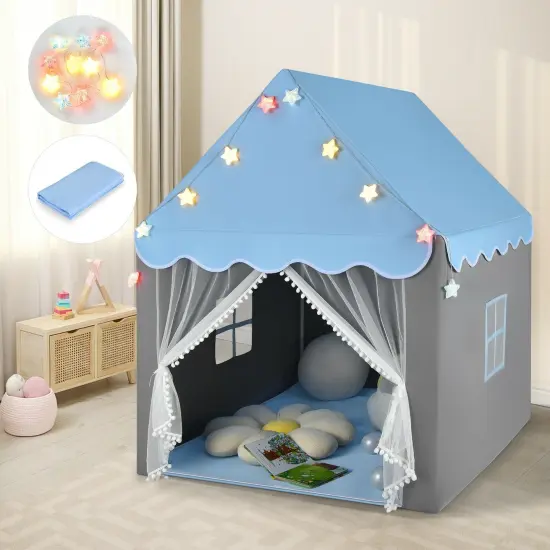 Kids Playhouse Tent with Star Lights and Mat Perfect for Birthday Gift Blue {2}
