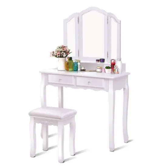 Tri Folding Mirror Vanity Table Stool Set with 4 Drawers and Cushioned Stool White {3}
