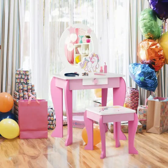 Kids Wooden Makeup Dressing Table and Chair Set with Mirror and Drawer Pink {3}