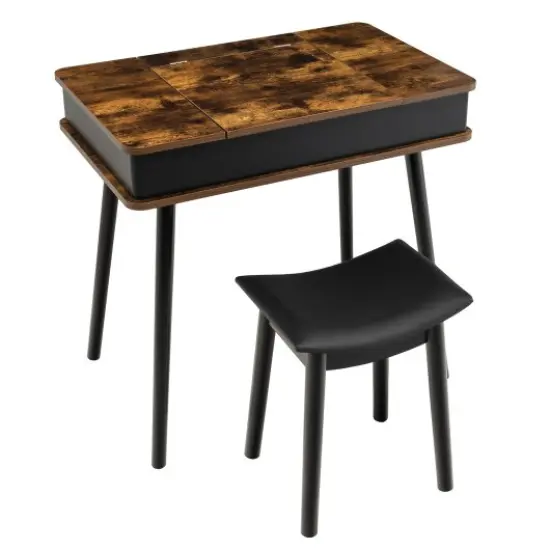 Vanity Table Set with Flip Top Mirror Lights USB Writing Desk and Stool {1}