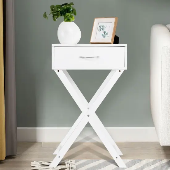 Design Sofa Side Table with X-Shape Drawer for Living Room Bedroom White {3}