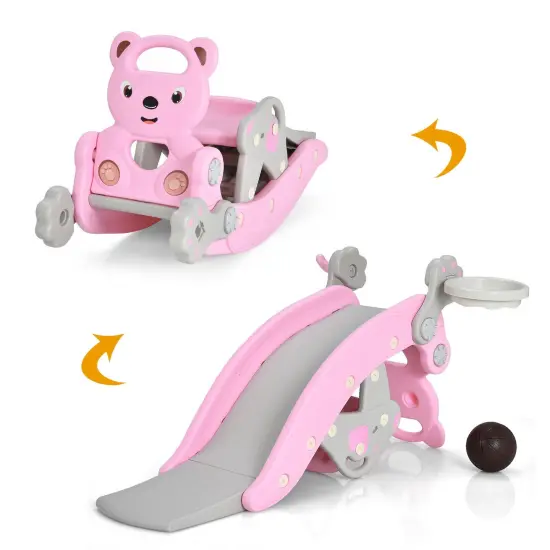 4-in-1 Toddler Slide and Rocking Horse Playset with Basketball Hoop Pink {1}