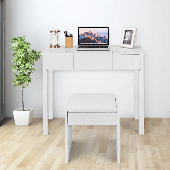 Vanity Makeup Dressing Table Set with Flip Top Mirror and Cushioned Stool White {2}
