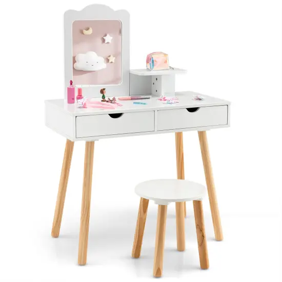Kid Vanity Table Chair Set with Mirror and 2 Large Storage Drawers {6}