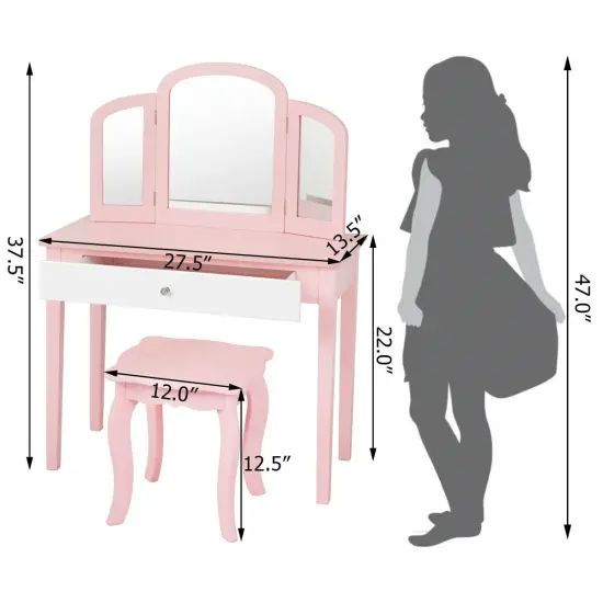 Kids Princess Make Up Dressing Table with Tri-folding Mirror and Chair Pink {4}