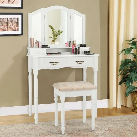 Simple Vanity Set with Tri-Folding Mirror Drawers and Storage Shelf White {2}