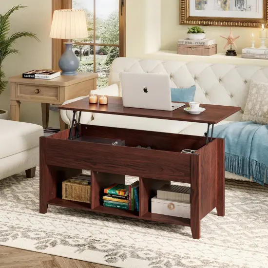 Lift Top Coffee Table with Storage Lower Shelf Brown {3}