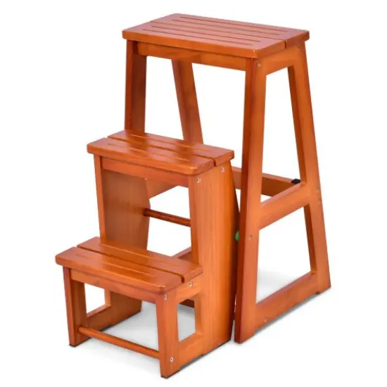 Portable Folding Step Stool Solid Pine Wood Lightweight Foldable Step Ladder for Home and Office {1}