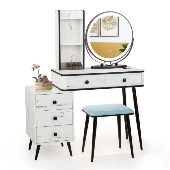 Vanity Table Set with 3-Color Lighted Mirror and Cushioned Stool White {2}