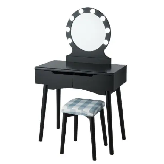 Dressing Table with Large Round Mirror and 8 Light Bulbs for Bedroom Black {3}