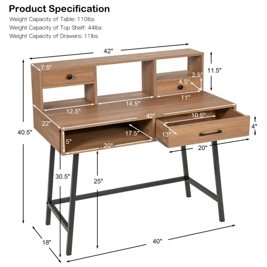 42-Inch Vanity Desk with Tabletop Shelf and 2 Drawers-Natural {5}