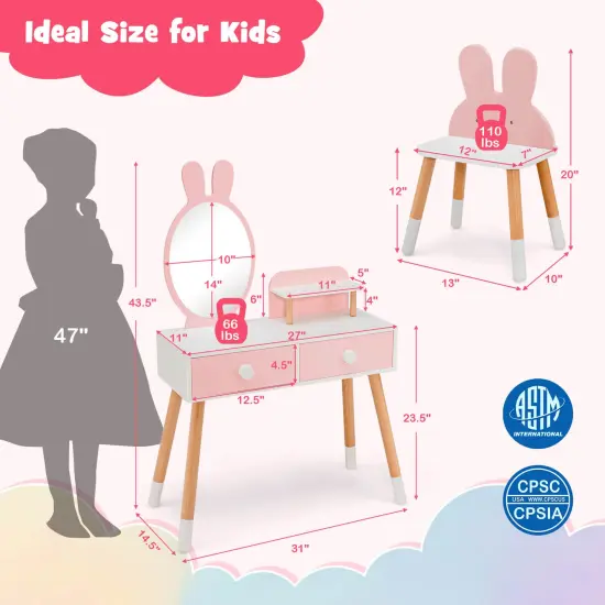 Kids Vanity Table and Chair Set with Drawer Shelf and Rabbit Mirror Pink {5}