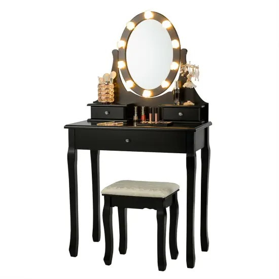 3 Drawers Lighted Mirror Vanity Dressing Table Stool Set {5}