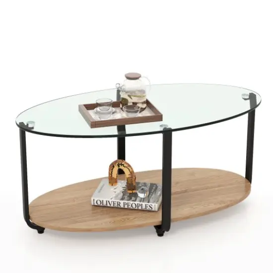 2-Tier Glass-Top Modern Coffee Table with Storage Shelf {3}
