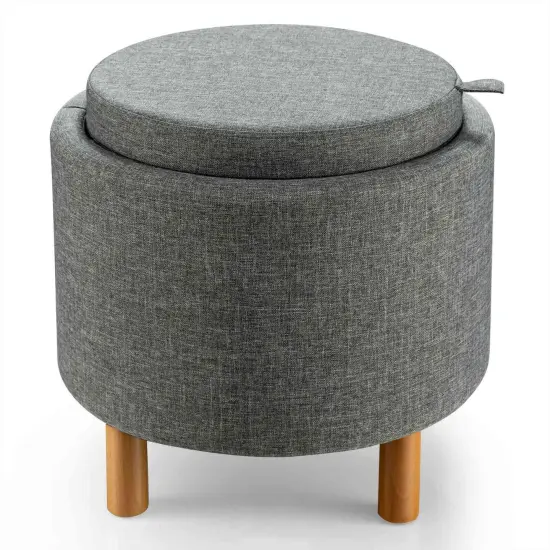 Round Storage Ottoman with Tray Top Accent Padded Footrest Beige {6}