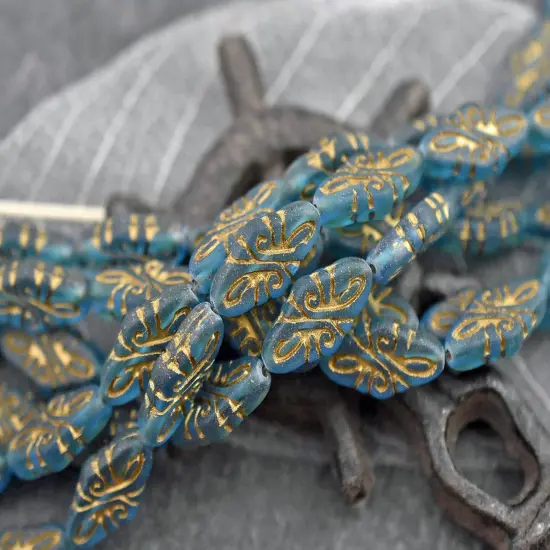 *9* 19x9mm Gold Washed Matte Teal Blue Arabesque Beads {1}