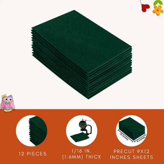 FabricLA Acrylic Felt Sheets for Crafts - Precut 9" X 12" Inches (20 cm X 30 cm) Felt Squares - Use Felt Fabric Craft Sheets for DIY, Hobby, Costume, and Decoration | Hunter Green - 12 Pieces {6}