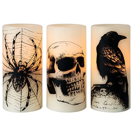Eldnacele Halloween Flickering Candles with Skull, Spider Web, Crow Raven Decals Set of 3, Battery Operated Halloween Themed LED Candles Horror Spooky Decoration {1}