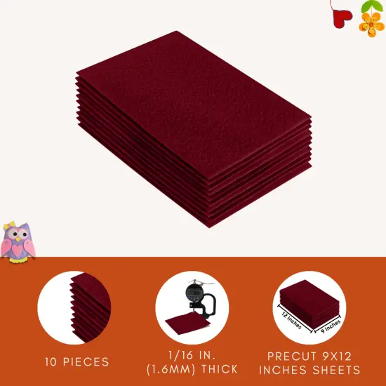 FabricLA Acrylic Felt Sheets for Crafts - Precut 9" X 12" Inches (20 cm X 30 cm) Felt Squares - Use Felt Fabric Craft Sheets for DIY, Hobby, Costume, and Decoration | Dark Red - 10 Pieces {2}