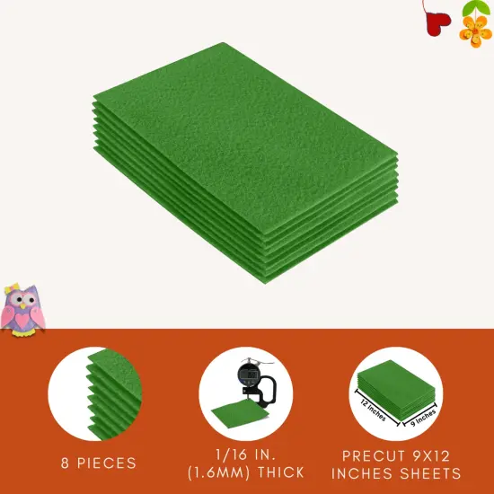 FabricLA Acrylic Felt Sheets for Crafts - Precut 9" X 12" Inches (20 cm X 30 cm) Felt Squares - Use Felt Fabric Craft Sheets for DIY, Hobby, Costume, and Decoration | Green - 8 Pieces {4}