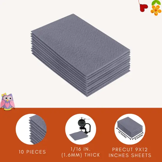 FabricLA Acrylic Felt Sheets for Crafts - Precut 9" X 12" Inches (20 cm X 30 cm) Felt Squares - Use Felt Fabric Craft Sheets for DIY, Hobby, Costume, and Decoration | Grey - 10 Pieces {3}