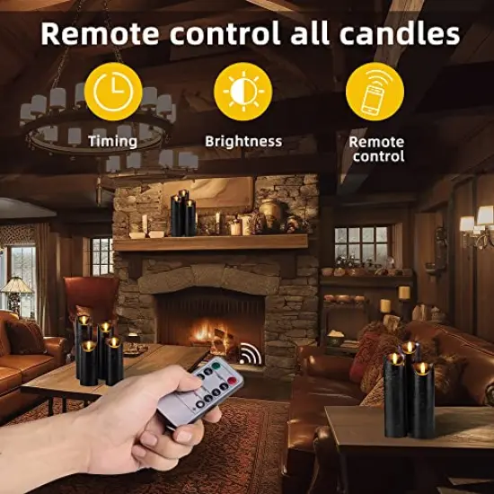 Set of 9 Black Regular Textured Flameless Candles Battery Operated LED Real Wax Flickering Electric Candles with Remote Control Timer for Wedding Birthday Halloween Christmas Decorations {6}