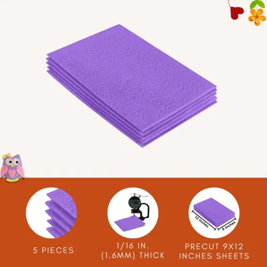 FabricLA Acrylic Felt Sheets for Crafts - Precut 9" X 12" Inches (20 cm X 30 cm) Felt Squares - Use Felt Fabric Craft Sheets for DIY, Costume, and Decoration | Lavender - 5 Pieces {5}