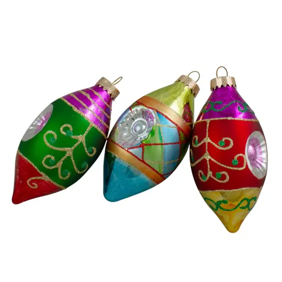 Northlight 3ct Multi Color with Retro Reflectors Glass Finial Christmas Ornament Set 4.25" (100mm) {1}