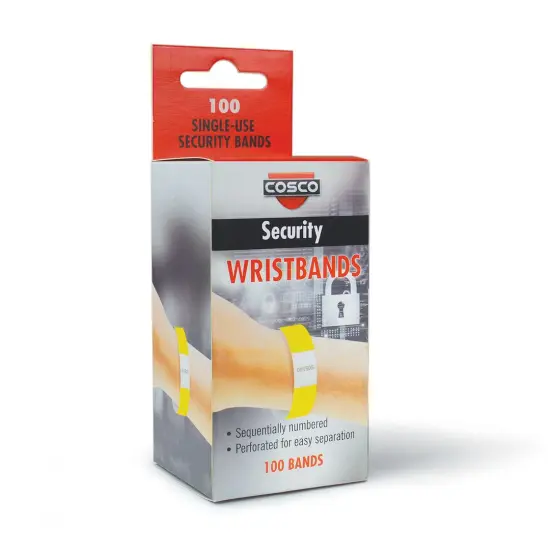 COSCO Security Wristband, Tamper Resistant, 10" x 3/4", Yellow, 100 bands (20 perforated sheets of 5 bands each) {5}