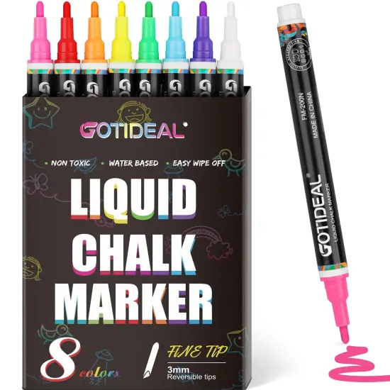 8 Colors Liquid Chalk Markers, Fine Tip Washable Window Chalkboard Glass Pens, Paint and Drawing for Car, Blackboard, & Bistro,Kids and Adults, Non-Toxic,Wet Erase - Reversible Tip {2}