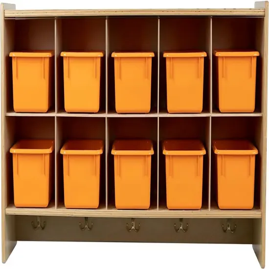 Cubby Storage Organizer Cubes, 10 Cubbies with Coat Hooks, Hanging Wall Cubby Shelf for Kids Toys, Daycare, Classroom, 47-Inch Width Orange {1}