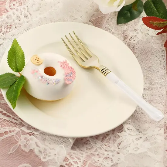 24 pcs 7" Metallic Gold Forks White Handle Wedding Party Disposable Tableware {3}