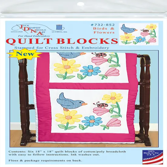 Jack Dempsey Stamped White Quilt Blocks 18"X18" 6/Pkg-Birds & Flowers {1}