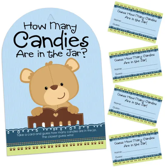 Big Dot of Happiness Baby Boy Teddy Bear - How Many Candies Baby Shower Game - 1 Stand and 40 Cards - Candy Guessing Game {1}