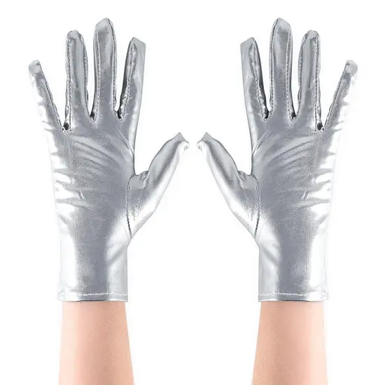 Metallic Silver Costume Gloves - Shiny Silver Princess Evening Stretch Dress Tea Glove Set for Men, Women and Kids {1}