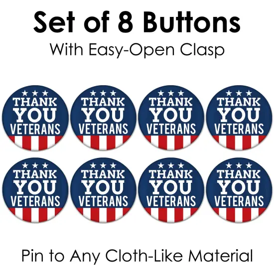 Big Dot of Happiness Thank You Veterans - 3 inch Support Our Troops Badge - Pinback Buttons - Set of 8 {7}