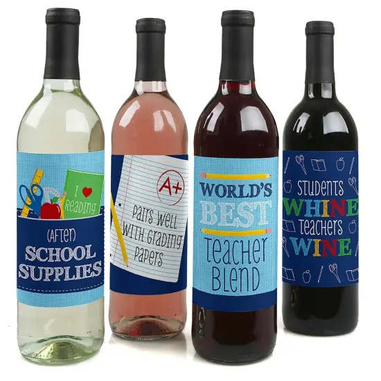 Big Dot of Happiness Funny Colorful - Teacher Appreciation First and Last Day of School or Christmas Gift - Wine Bottle Label Stickers - Set of 4 {1}