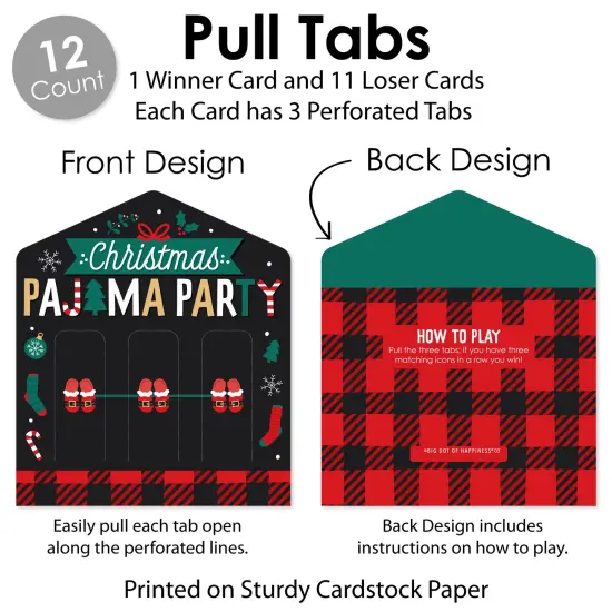 Big Dot of Happiness Christmas Pajamas - Holiday Plaid PJ Party Game Pickle Cards - Pull Tabs 3-in-a-Row - Set of 12 {6}