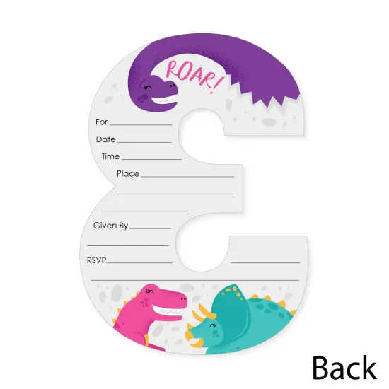 Big Dot of Happiness 3rd Birthday Roar Dinosaur Girl - Shaped Fill-In Three Rex Dino Third Birthday Party Invitation Cards with Envelopes - 12 Ct {6}