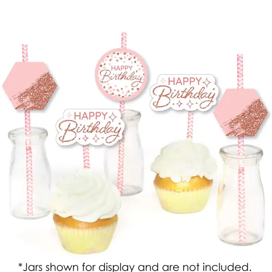 Big Dot of Happiness Pink Rose Gold Birthday - Paper Straw Decor - Happy Birthday Party Striped Decorative Straws - Set of 24 {6}