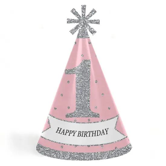 Big Dot of Happiness Pink Onederland - Cone Winter Wonderland Happy Birthday Party Hats for Kids and Adults - Set of 8 (Standard Size) {1}