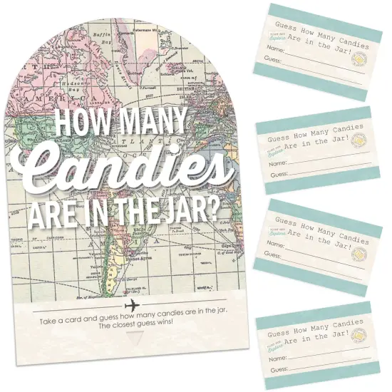 Big Dot of Happiness World Awaits - How Many Candies Travel Themed Party Game - 1 Stand and 40 Cards - Candy Guessing Game {1}