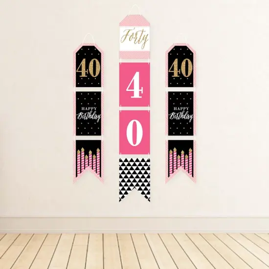 Big Dot of Happiness Chic 40th Birthday - Pink, Black & Gold - Hanging Vertical Paper Door Banners - Birthday Party Wall Decor Kit - Indoor Door Decor {4}