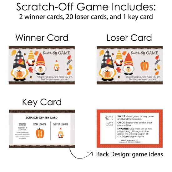 Big Dot of Happiness Fall Gnomes - Autumn Harvest Party Game Scratch Off Cards - 22 Count {6}
