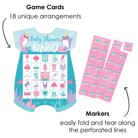 Big Dot of Happiness Narwhal Girl - Picture Bingo Cards and Markers - Under The Sea Baby Shower Shaped Bingo Game - Set of 18 {3}