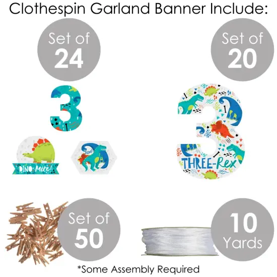 Big Dot of Happiness 3rd Birthday Roar Dinosaur - Three Rex Dino Third Birthday Party DIY Decorations - Clothespin Garland Banner - 44 Pieces {6}